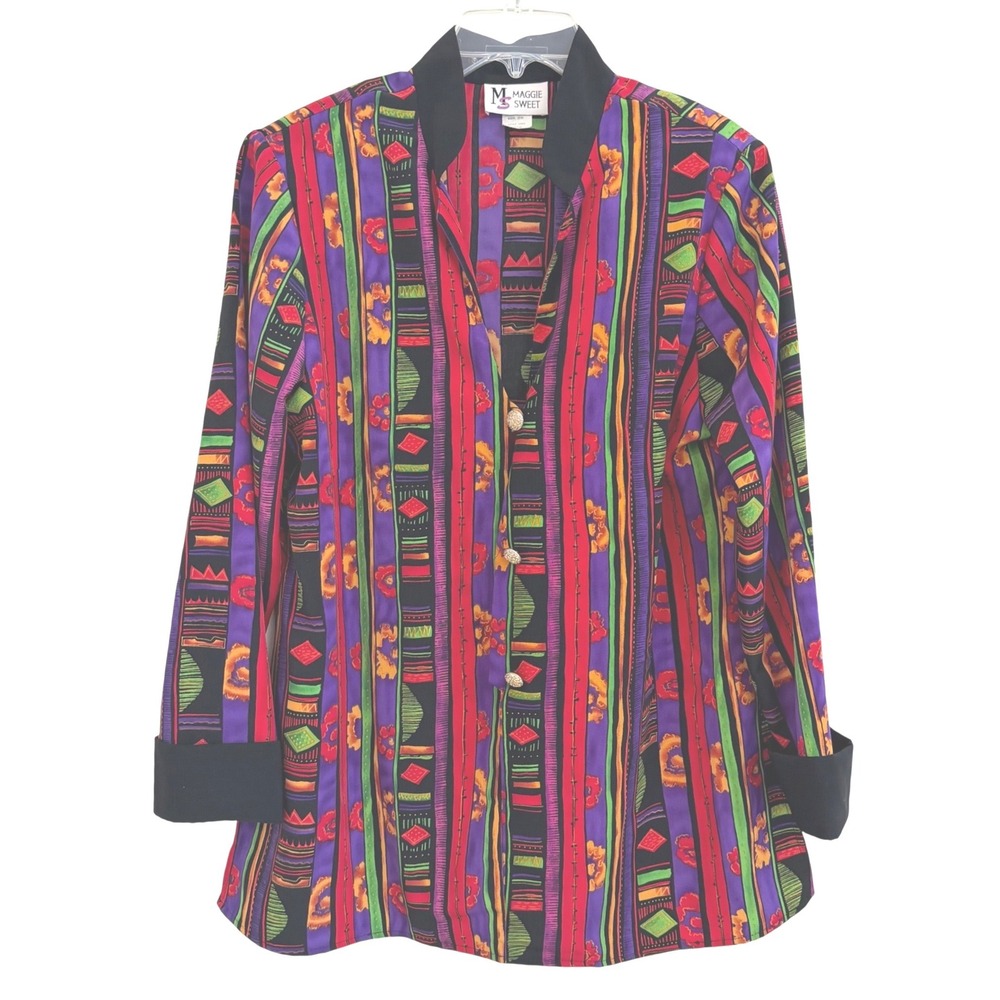 Maggie Sweet‎ Vintage 90's Abstract Long Sleeve Silky Tunic Silver Buttons EUC